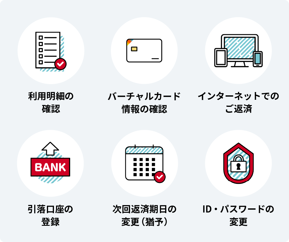 アプリでできること：利用明細の確認、バーチャルカード情報の確認、インターネットでのご返済、引落口座の登録、次回返済期日の変更（猶予）、ID・パスワードの変更