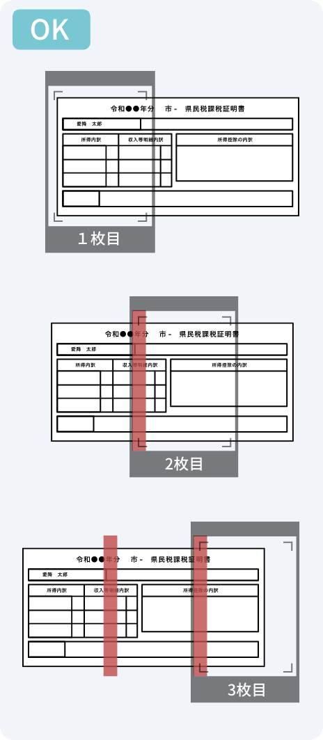 収入証明書のスキャンイメージ（分割撮影でも同じ部分がかぶるように）