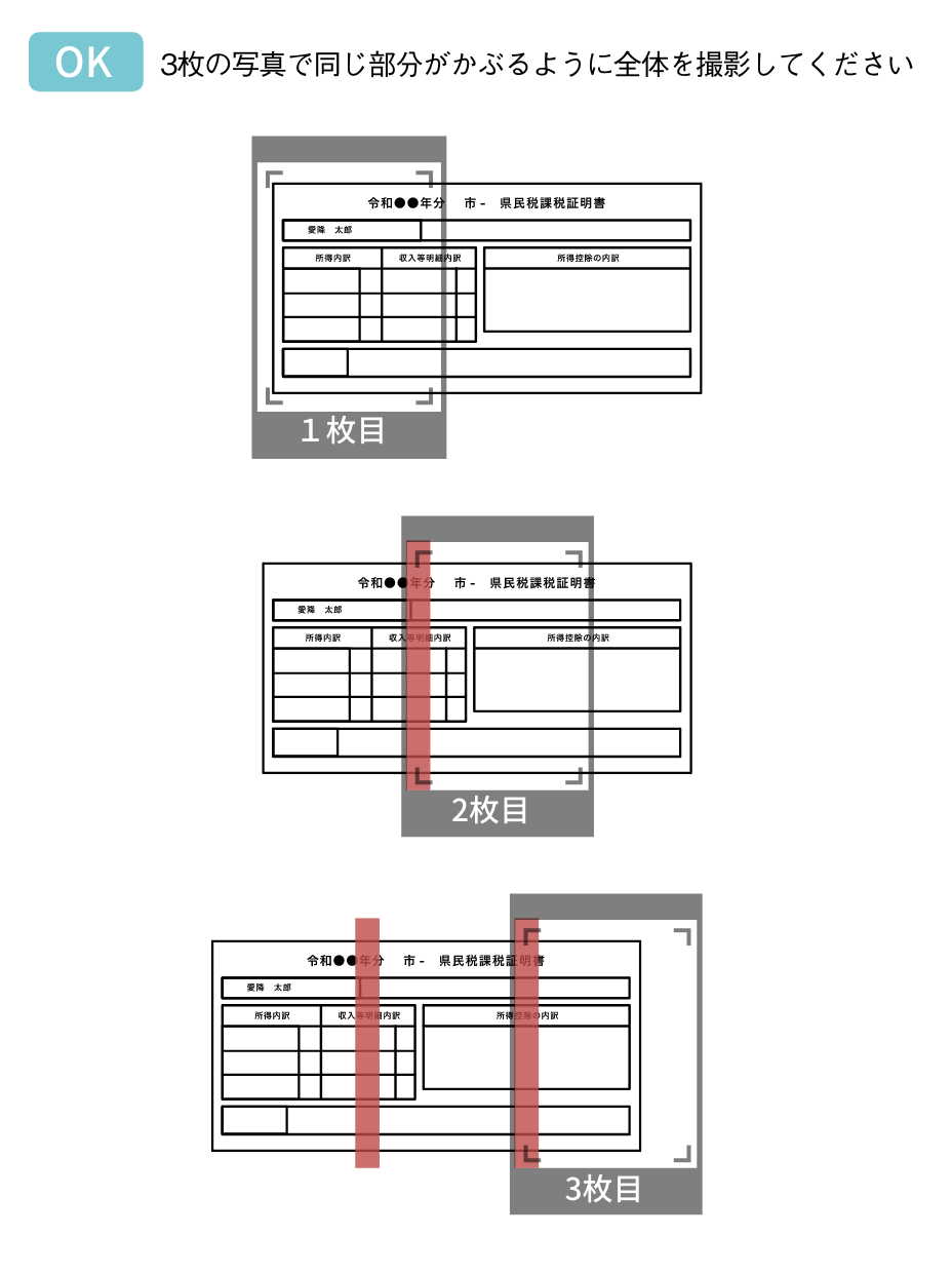 収入証明書のスキャンイメージ（分割撮影でも同じ部分がかぶるように）