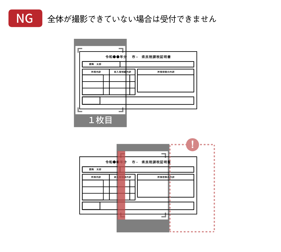 収入証明書のスキャンイメージ（分割撮影でも同じ部分がかぶるように）