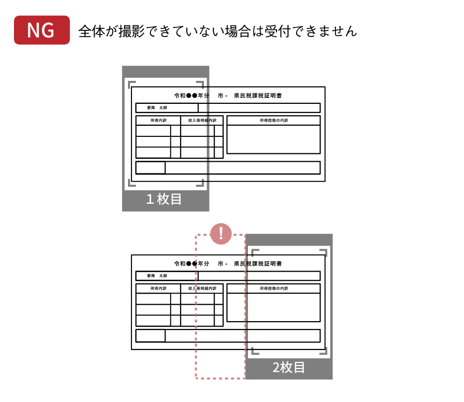 収入証明書のスキャンイメージ（分割撮影でも同じ部分がかぶるように）