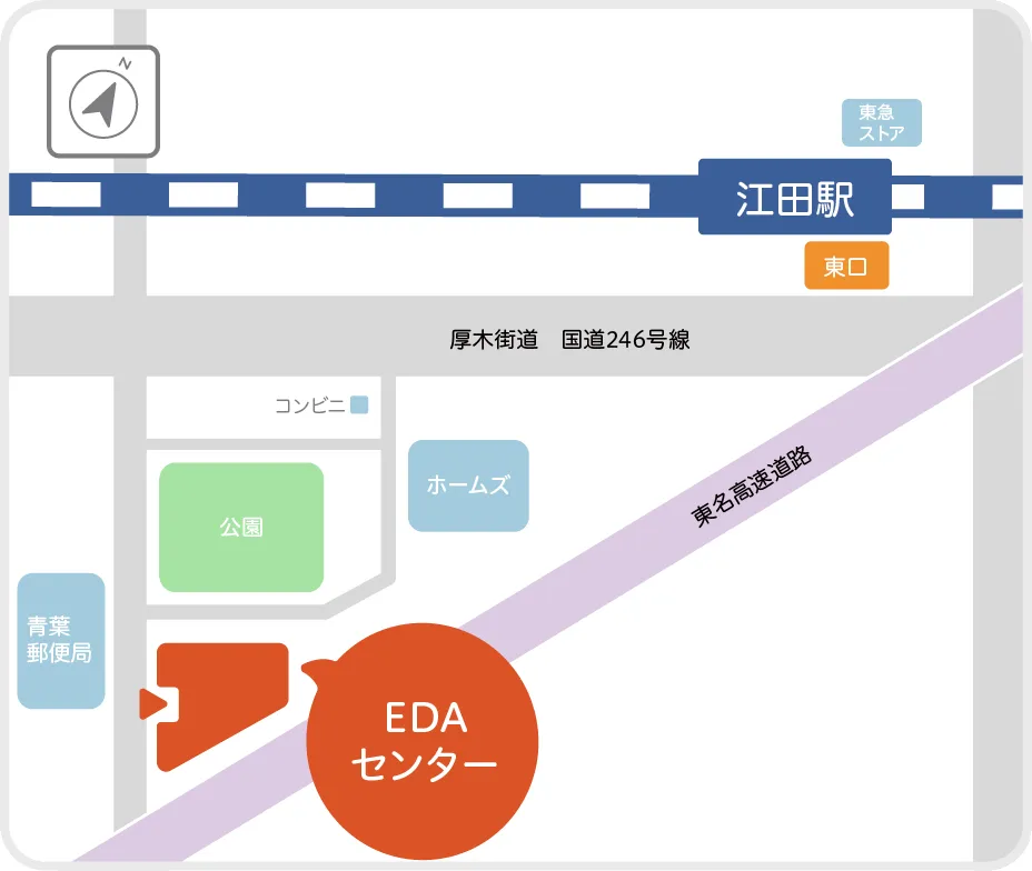 EDAセンターまでの地図、江田駅から厚木街道を挟んで左下の公園の横にEDAセンターがある。