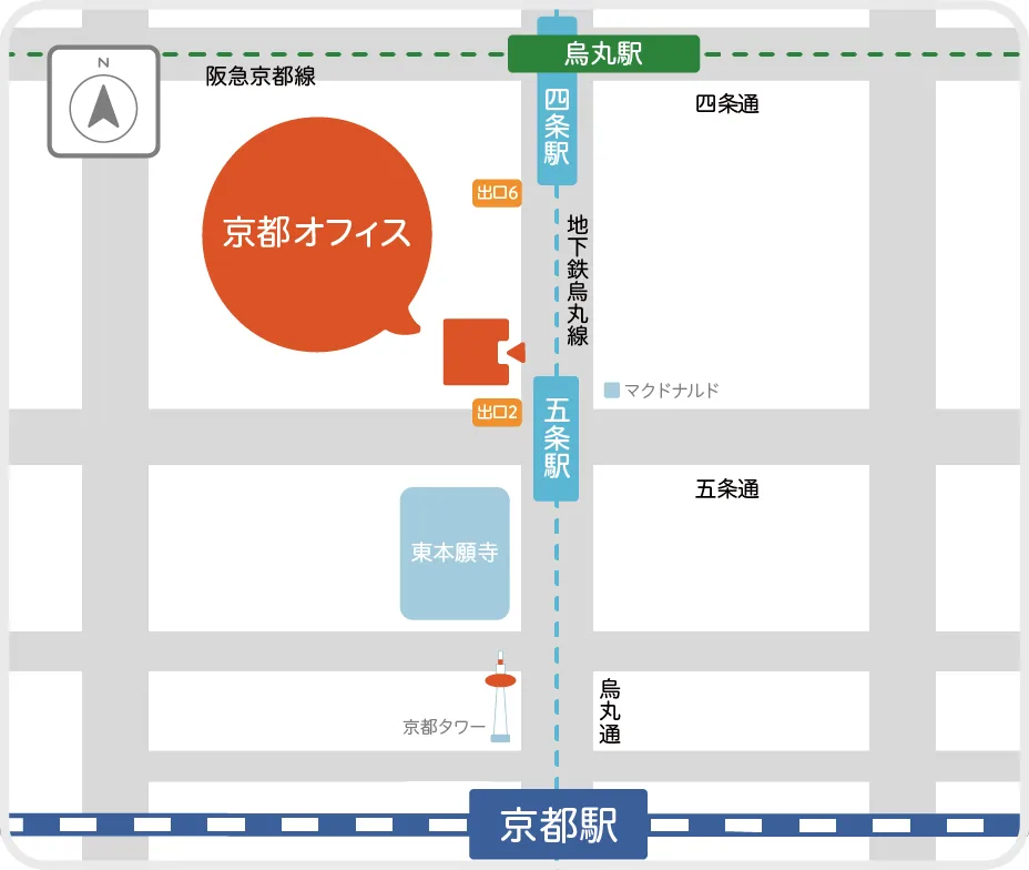 京都オフィスまでの地図、五条駅を中心に下が京都駅、左が五条通、右が鴨川、五条駅のすぐ左上に京都オフィスがある。
