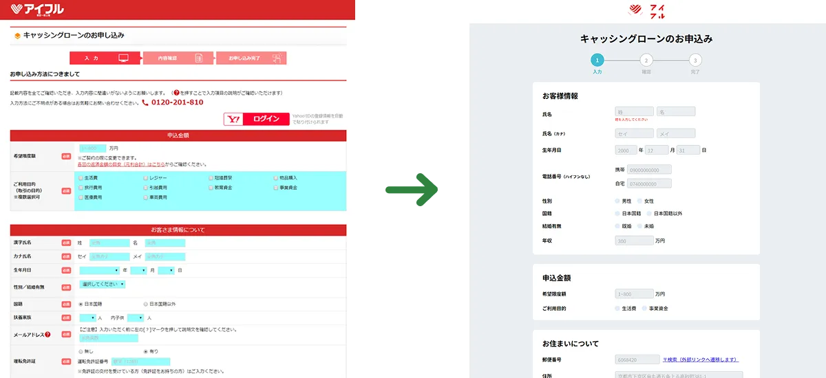 アイフルお申込みフォーム画面の改善前と現在のスクリーンショット画面